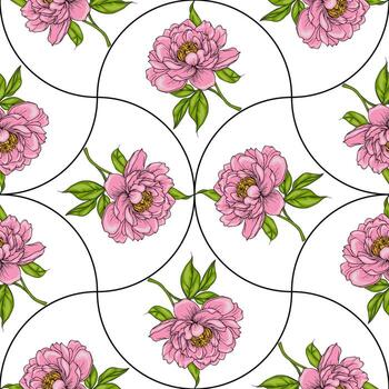 un sin costura modelo presentando rosado peonías con verde hojas en un blanco fondo, arreglado en un circular cuadrícula diseño. vector