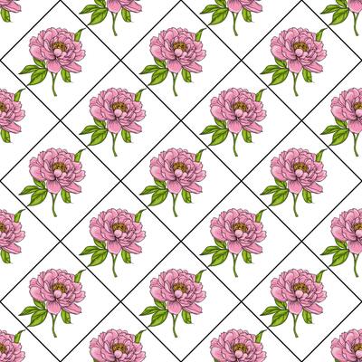 A seamless pattern featuring pink peony flowers with green leaves arranged in a diamond grid on a white background.