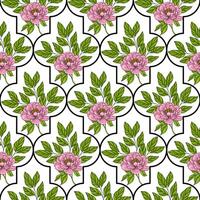 A seamless floral pattern featuring pink flowers and green leaves on a white background. The design is structured with black outlines creating a geometric effect. vector