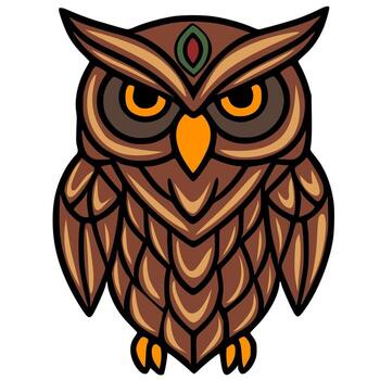 majestuoso ilustración de un estilizado búho con intrincado marrón y naranja plumaje, adornado con un piedra preciosa en sus frente, exhibiendo un único mezcla de tribal y geométrico patrones. vector