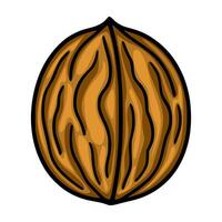 A illustration of a single walnut, showcasing a detailed hand-drawn style with rich brown hues and black outlines, emphasizing the natural texture and grain of the shell. vector