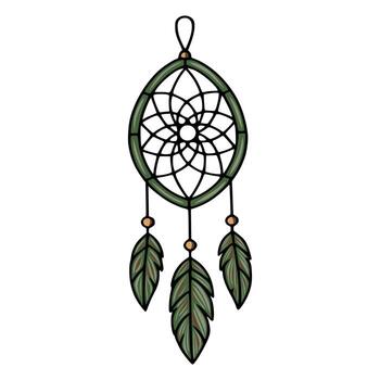 illustration of a detailed dreamcatcher with three green feathers and golden beads, showcasing intricate geometric patterns within the circular frame, ideal for boho-chic designs. vector