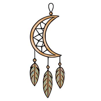 illustration of a crescent moon dreamcatcher with three detailed feathers, featuring a unique geometric pattern and earthy color palette, perfect for bohemian or spiritual designs. vector
