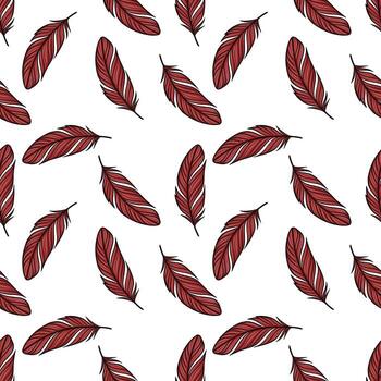 Seamless pattern with scattered dark red feathers on a white background, creating a stylish and elegant design. vector