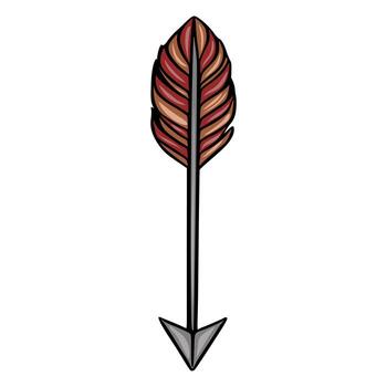 A illustration of a stylized arrow with a detailed, reddish-brown feather fletching, featuring a metallic grey shaft and arrowhead, perfect for design projects needing a unique, hand-drawn a... vector