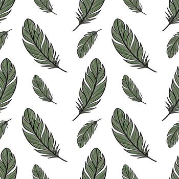 Seamless pattern of stylized green feathers on a white background, ideal for textile prints and design projects. vector