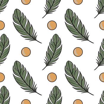 Seamless pattern with stylized tropical leaves and ochre circles, creating a minimalist and elegant design ideal for textile prints or summer-themed projects. vector