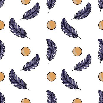 Seamless pattern featuring stylized purple feathers and warm orange circles, creating a minimalist yet elegant design ideal for various applications. vector