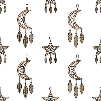 Seamless pattern with hand-drawn dreamcatchers in moon and star shapes, adorned with delicate feathers in earthy tones, creating a bohemian-chic design ideal for textile prints or digital pa... vector