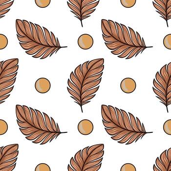 Seamless pattern featuring stylized brown leaves and beige circles, creating a minimalist and elegant design perfect for various applications. vector