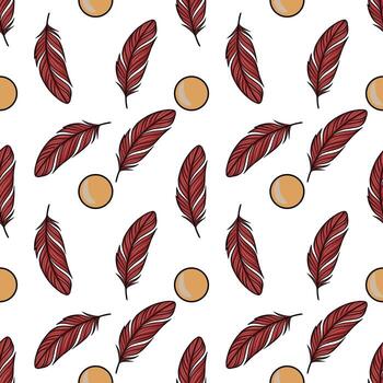 Seamless pattern of maroon feathers and ochre circles on white background, creating a stylish and elegant design. vector