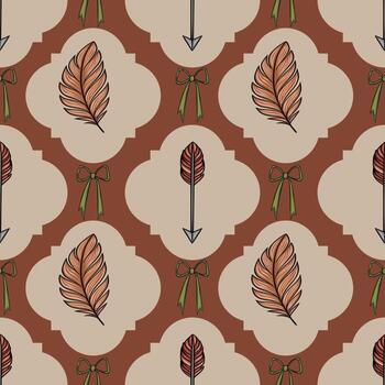 sin costura modelo con estilizado plumas, flechas, y arcos en terracota y beige tonos, arreglado en un repitiendo geométrico diseño. vector