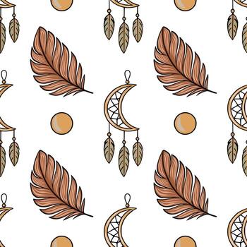 Seamless pattern featuring crescent moon dreamcatchers with feathers and stylized palm leaves in earthy tones, creating a boho chic aesthetic. vector