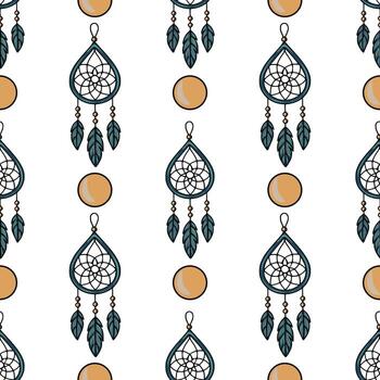 Seamless pattern with teal dream catchers and ochre circles, creating a bohemian and mystical design perfect for textile prints, wallpapers, or web backgrounds. vector