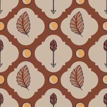 sin costura modelo con estilizado plumas, flechas, y círculos en terroso tonos, creando un único bohemio diseño Perfecto para textil huellas dactilares o fondos de pantalla vector