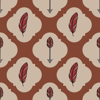 Seamless pattern with stylized red feathers and arrows on a terracotta and beige background, creating a unique bohemian design. vector