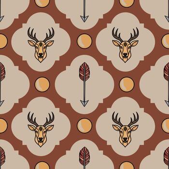 sin costura modelo con estilizado ciervo cabezas, flechas, y círculos en terroso tonos, creando un místico y geométrico diseño Perfecto para textil, fondo de pantalla, o marca. vector