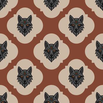 Seamless pattern featuring stylized wolf heads with a third eye, arranged within a repeating geometric design of brown and beige colors, creating a mystical and tribal aesthetic. vector