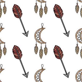 sin costura modelo con dibujado a mano flechas, creciente Luna Atrapasueños, y decorativo plumas en calentar terroso tonos, creando un bohemio y de inspiración tribal diseño. vector