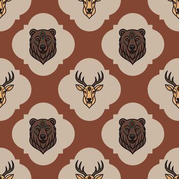 Seamless pattern with stylized bear and deer heads, adorned with mystical third eyes, set against a repeating terracotta and beige geometric background, ideal for textile or wallpaper design. vector
