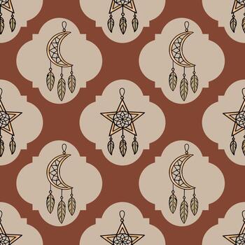 Seamless pattern with boho dreamcatchers in star and crescent moon shapes, adorned with feathers, set against a terracotta and beige background featuring a unique geometric pattern. vector