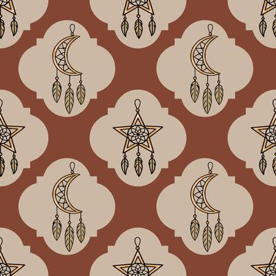 Seamless pattern with boho dreamcatchers in star and crescent moon shapes, adorned with feathers, set against a terracotta and beige background featuring a unique geometric pattern.