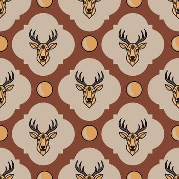Seamless pattern featuring stylized deer heads with a third eye and geometric shapes in earthy tones, creating a mystical and repeating design. vector