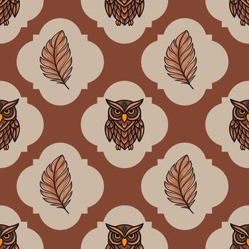 Seamless pattern featuring stylized owls and feathers in earthy brown and beige tones, arranged in a repeating geometric design with unique quatrefoil shapes. vector