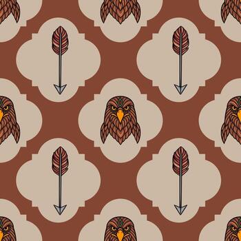 sin costura modelo presentando intrincadamente detallado águila cabezas y estilizado flechas, conjunto en contra un fondo de terroso marrón y beige tonos, creando un sofisticado y visualmente sorprendentes diseño. vector