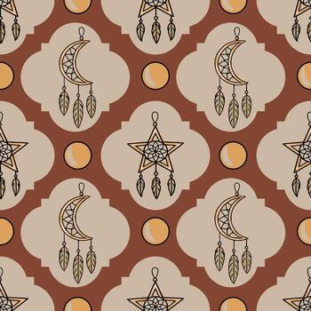 Seamless pattern with boho dreamcatchers in moon and star shapes, adorned with feathers, set against a backdrop of terracotta and beige geometric shapes. vector