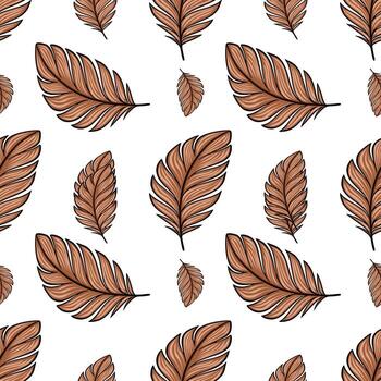 Seamless pattern of stylized brown tropical leaves on a white background, featuring varying leaf sizes and orientations for a unique and elegant design. vector