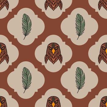 sin costura modelo con estilizado águila cabezas y plumas en terroso tonos, presentando un único geométrico diseño y repitiendo elementos para textil o fondo de pantalla. vector