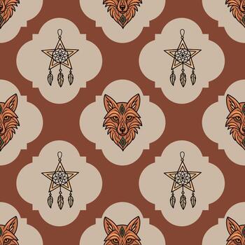 sin costura modelo presentando estilizado zorro cabezas y estrella Atrapasueños, arreglado en un repitiendo geométrico diseño con terroso tonos y intrincado detalles, Perfecto para textil huellas dactilares o digital... vector