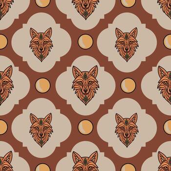 Seamless pattern with stylized fox heads and moons, featuring an earthy color palette and geometric shapes, ideal for textile or wallpaper design. vector