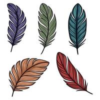 Collection of five stylized feathers in diverse colors dark purple, olive green, teal, terracotta, and burgundy red, each with detailed linework and gradient shading, isolated on white. vector