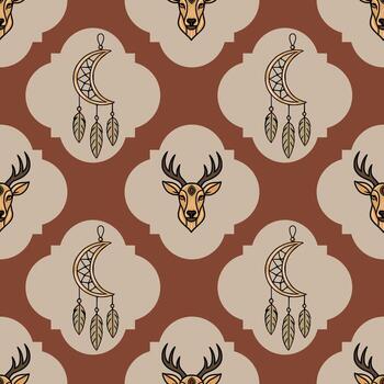 Seamless pattern with stylized deer heads and crescent moon dreamcatchers, featuring a unique terracotta and beige color palette and geometric design elements. vector