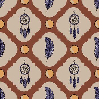 Seamless pattern with dream catchers, feathers, and moons in terracotta and beige tones, featuring a unique geometric cloud-like shape repeating design. vector