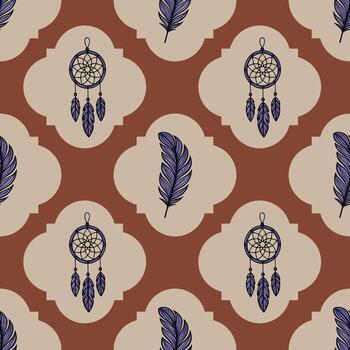 Seamless pattern featuring dream catchers and stylized feathers in a terracotta and beige color palette, arranged within a unique geometric frame. vector