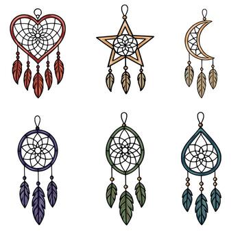 Set of six dreamcatchers in various shapes heart, star, moon, circle, oval, and teardrop, each adorned with colorful feathers and beads, ideal for boho-chic design projects. vector