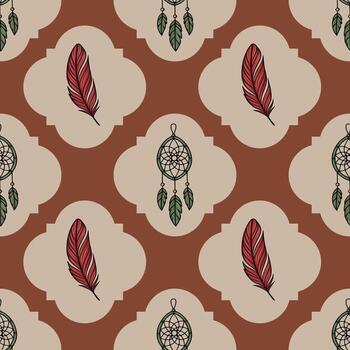 Seamless pattern with dream catchers and feathers in terracotta and beige colors, featuring a unique cloud-like geometric design. vector