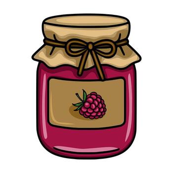 Delightful illustration of a raspberry jam jar with a hand-drawn style, featuring a charming paper lid tied with a brown ribbon and a label showcasing a single raspberry. vector