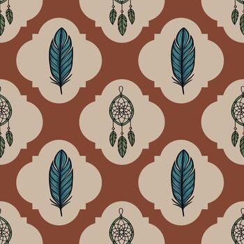 sin costura modelo con verde azulado plumas y atrapa sueños en un terracota y beige color paleta, presentando un único cuatrifolio diseño elemento. vector