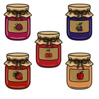 A charming illustration of five jars of fruit jam, each featuring a different berry or fruit and a rustic design, perfect for food blogs, packaging, or kitchen-themed projects. vector