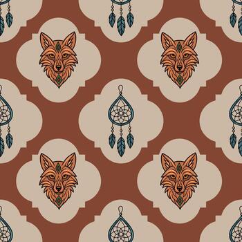 sin costura modelo presentando estilizado zorro cabezas y lágrima Atrapasueños, conjunto en contra un terracota y beige geométrico fondo, creando un místico y bohemio onda. vector