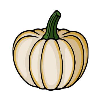 illustration of a hand-drawn pale yellow pumpkin with a green stem, featuring a unique style of outlined segments and subtle color variations for a minimalist autumnal design. vector