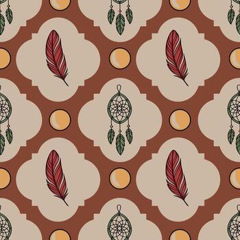 Seamless pattern featuring red feathers and green dreamcatchers on a terracotta and beige background, creating a boho-chic aesthetic. vector