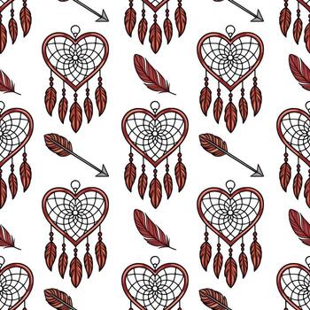 Seamless pattern featuring heart-shaped dreamcatchers, adorned with maroon feathers and complemented by stylized arrows, creating a captivating bohemian design. vector