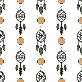 Seamless pattern featuring dreamcatchers with green feathers and beige circles, creating a bohemian and mystical design ideal for textile prints or wallpapers. vector