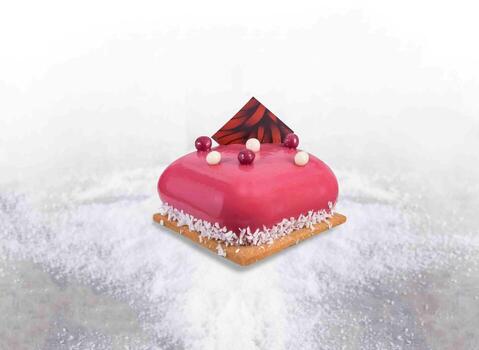 Raspberry Mousse Cake with Glossy Glaze, Berries and Chocolate Garnish isolated on background side view of dessert menus photo