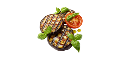 Grilled Eggplant With Tomato And Basil Garnish. Fresh Mediterranean Cuisine Isolated On Transparent Background png